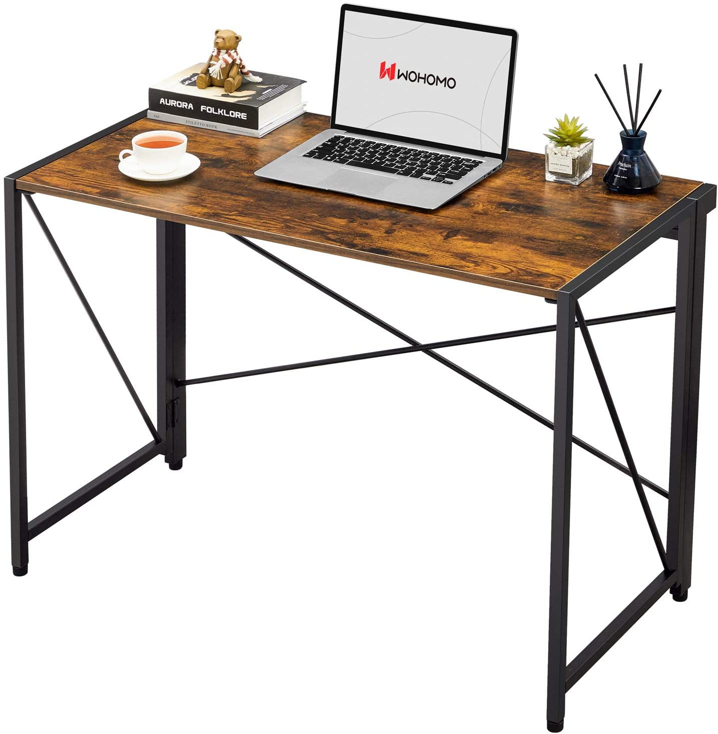 Rustic Brown Foldable Computer Desk with Metal Frame