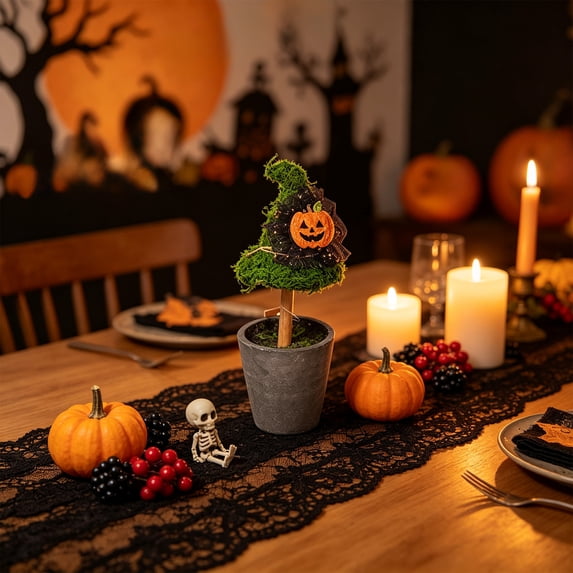 WOHSAO Halloween Witch Hat Topiary Plant With Pot Halloween Potted Decor Spooky Tabletop Ornament, Cute Witch Themed Mini Moss Trees For Halloween Home Party Decor, Holiday Gift For Family