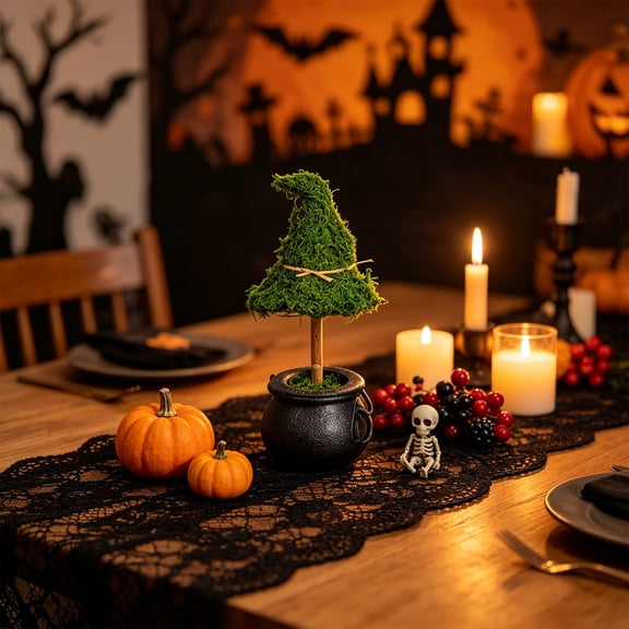 WOHSAO Halloween Witch Hat Topiary Plant With Pot Halloween Potted Decor Spooky Tabletop Ornament, Cute Witch Themed Mini Moss Trees For Halloween Home Party Decor, Holiday Gift For Family