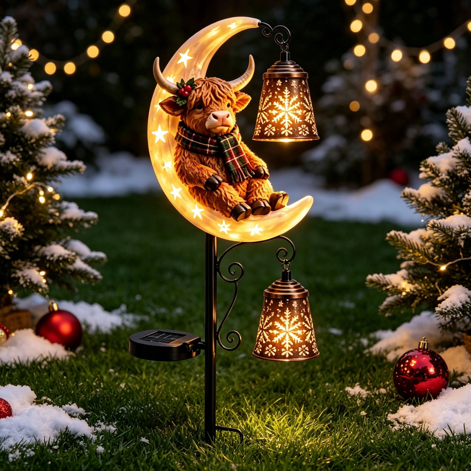 WOHSAO Solar Christmas Moon Highland Cow Lamp Post Decoration,Rust