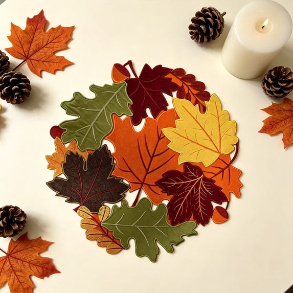 WOHSAO Thanksgiving Table Doilies For Fall Home Decoartion,Maple Leaf Placemat Round Placemats For Dining Table, Harvest Maple Leaves Embroidered Table Mats For Autumn Kitchen Coffee Table Home Decor