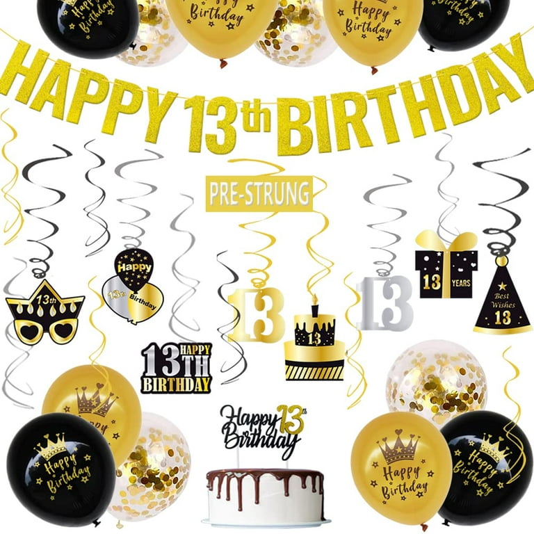 WOJOGO 13th Birthday Decorations for Boys Girls, Gold and Black 13 Year Old  Teenager Party Decor Supplies Kit, Pre-strung Happy 13th Birthday Banner