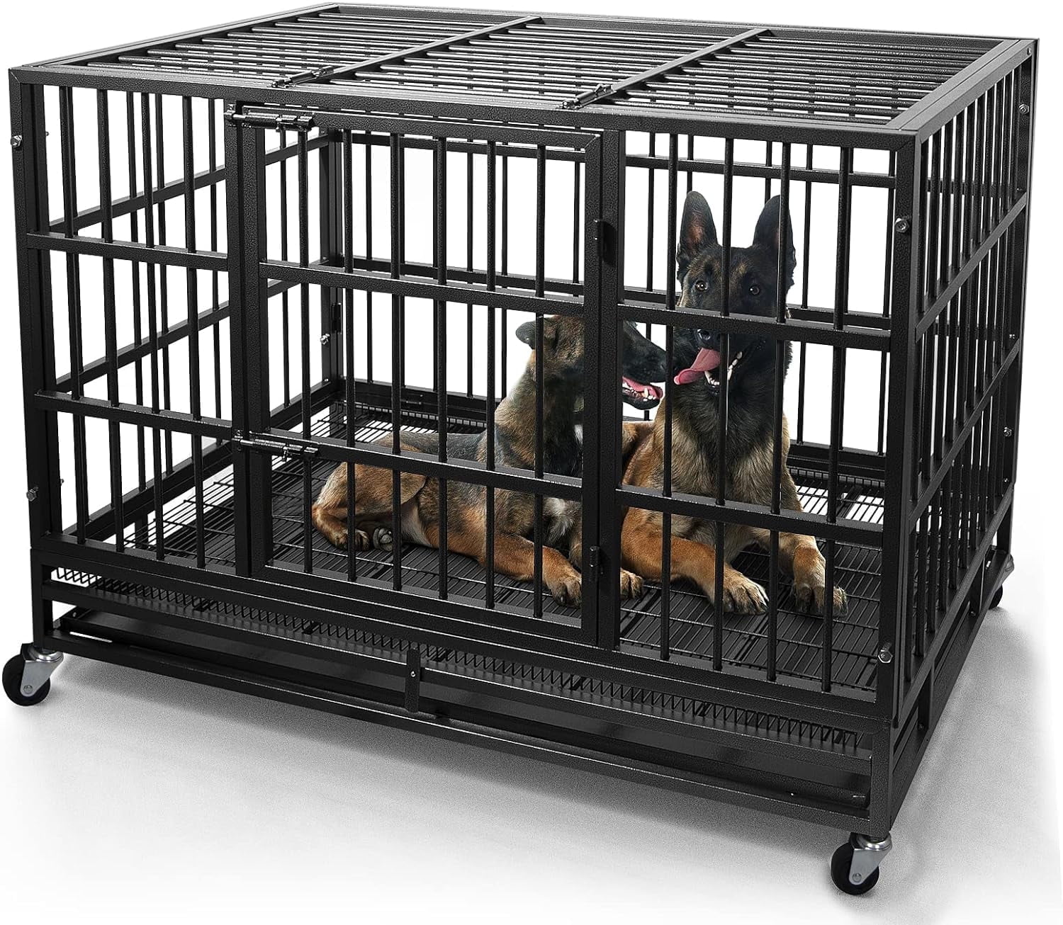 WOKEEN 38 Inch Heavy Duty Dog Crate Cage Kennel with Wheels, High Anxiety Indestructible, Sturdy Locks Design, Double Door and Removable Tray, Extra Large XL XXL