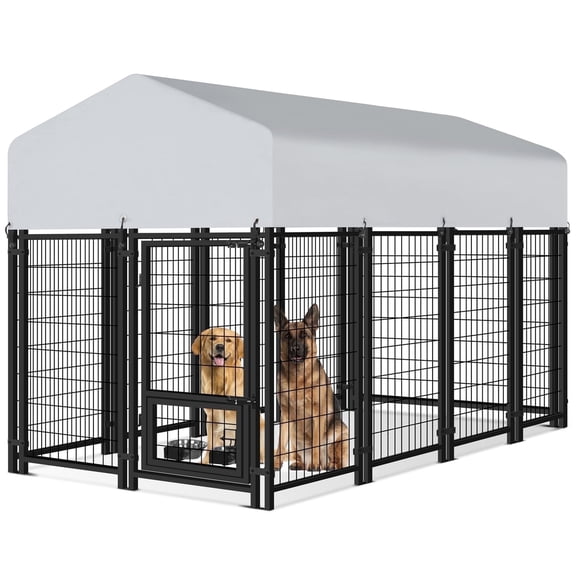 WOKEEN 8 x4 x5FT Outdoor Large Dog Kennel, Heavy Duty Modular Dog Cage with Waterproof Cover, Dog Playpen with 2 Rotating Bowls & Secure Lock for Patio, Garden, Backyard