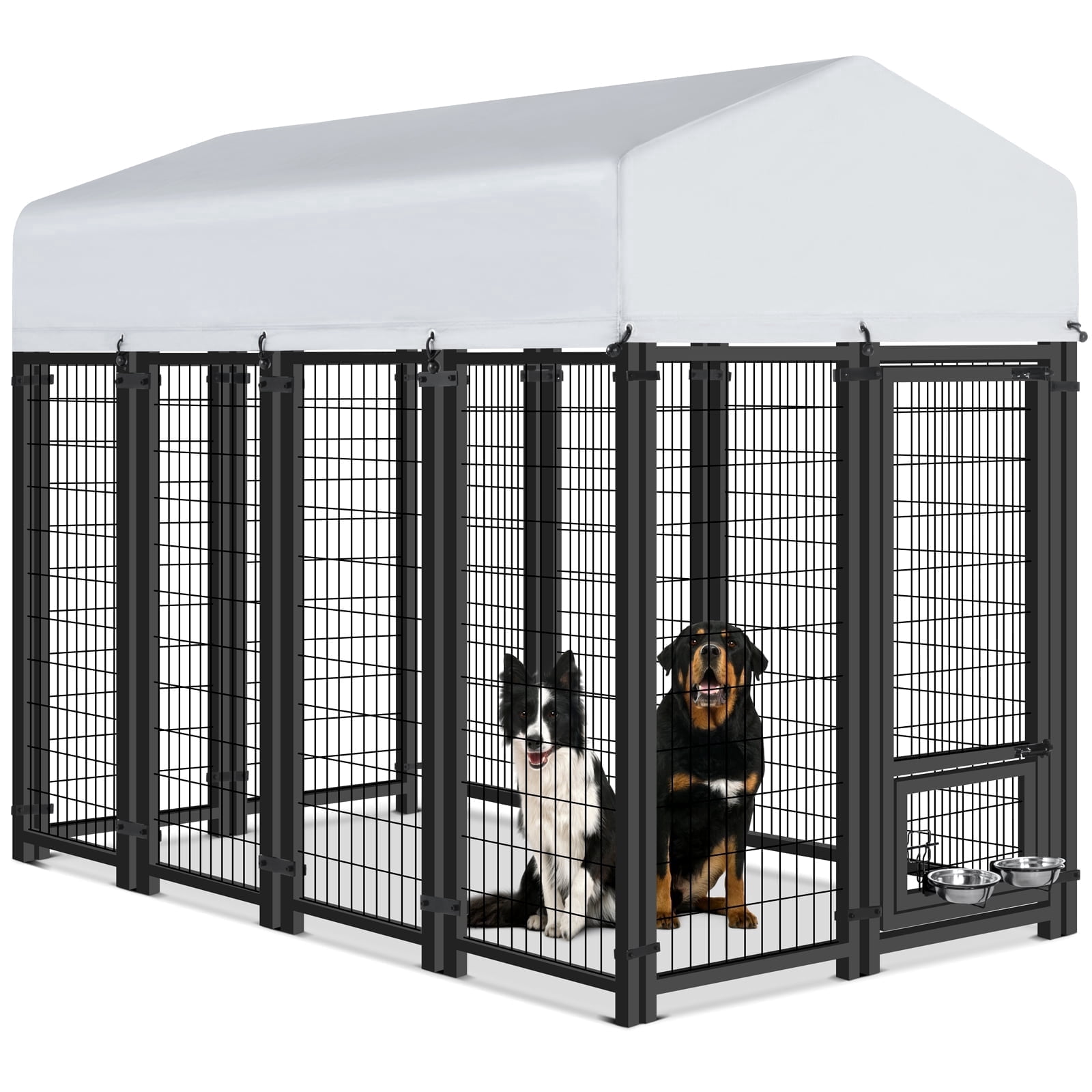 WOKEEN Large Dog Kennel Outside, 8'×4'×6',Welded Rectangular dog kennel outdoor with Waterproof Roof,2 Rotating Bowls & Secure Lock for Backyard （All Life Stages Dogs）