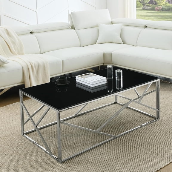 WOKER FURNITURE Black Glass Coffee Table with Silver Stainless Steel Frame,Modern Rectangular Coffee Accent Table with Black Tempered Glass for Living Room Bedroom
