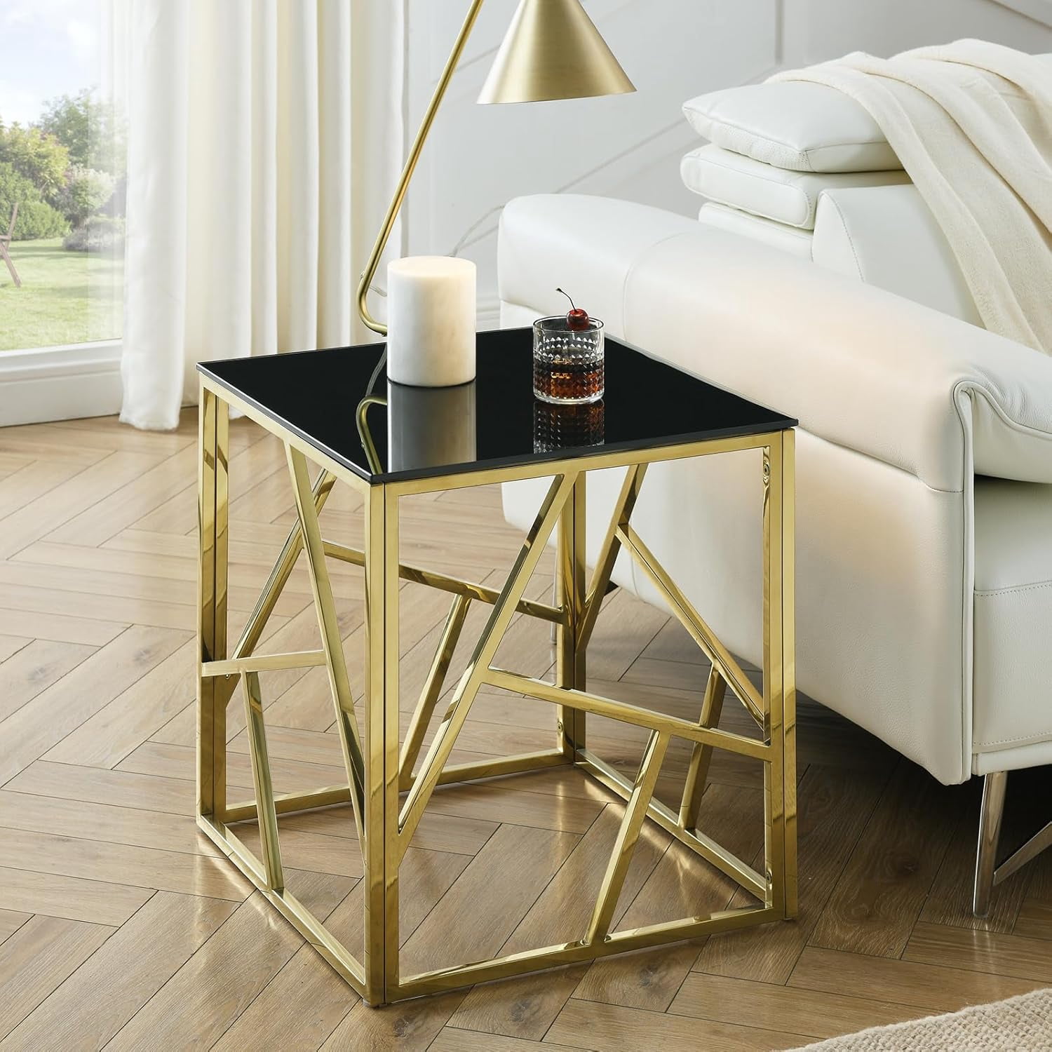 Glass Top Side Table - Silver Square Acrylic & Tempered Glass End Table, Modern Nightstand For Living Room, Bedroom