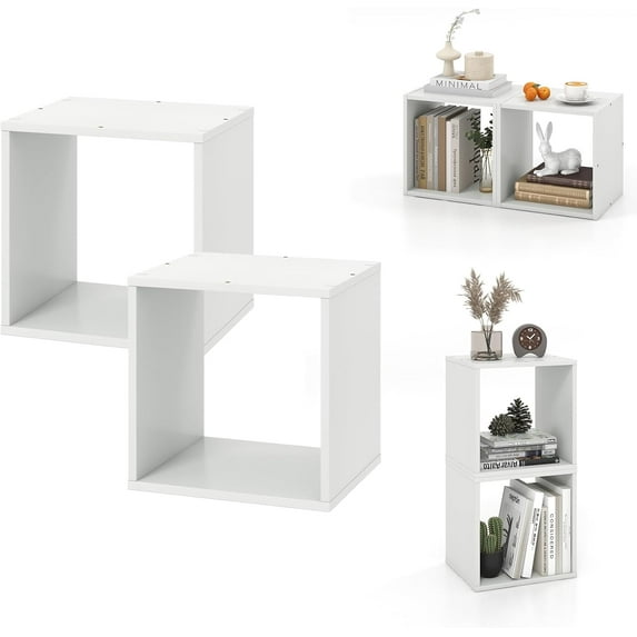 WOLEGEDO 2 Cube Bookshelf Organizer, 2-Tier Stackable Cube Storage Organizer, Small Wooden Open Book Shelf with Anti-toppling Device, Wood Floor Standing Display Shelving Bookcase White