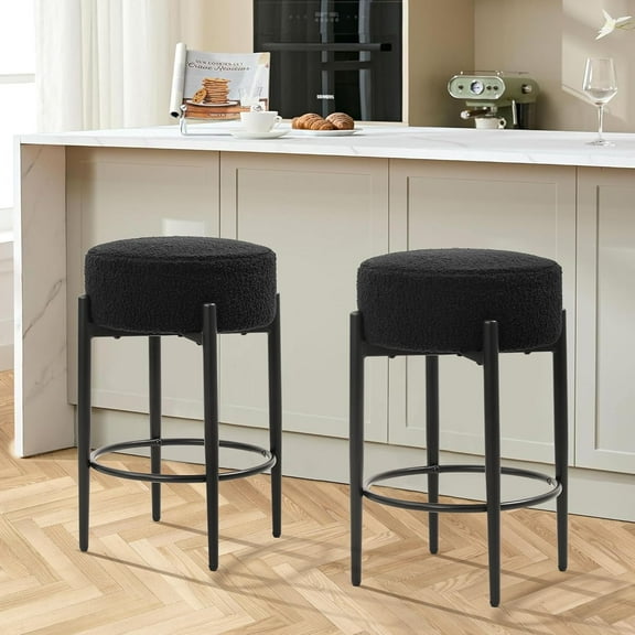 WOLEGEDO Counter Height Bar Stools, Set of 2, 24" Modern Backless Bar Stools, Ideal for Kitchen Counter, Kitchen Island, Boucle Sherpa Padded Cover, with Round Soft Seat and Foot Rest Black