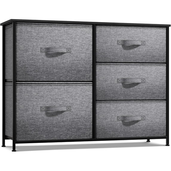 WOLEGEDO Dresser with 5 Drawers - Chest Organizer Unit with Steel Frame Wood TopHandle Easy Pull Fabric Bins for Clothes - Storage Furniture 11.9"D x 33.5"W x 27.6"H (5 Drawers) Black