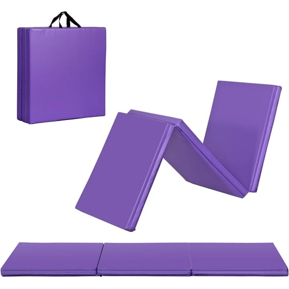 WOLEGEDO Thick Tri-fold Folding Gym Exercise Mat Extra Thick Gymnastics Mat Tumbling Mat with Carrying Handles for Home Workout, Core Workouts, Stretching, MMA, Yoga Purple