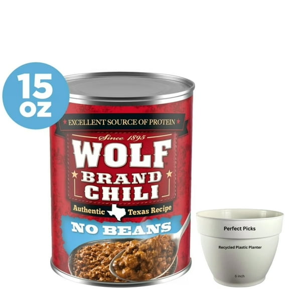 WOLF BRAND Chili No Beans, Chili Without Beans, 15 oz Can, Includes 1 Plastic Planter