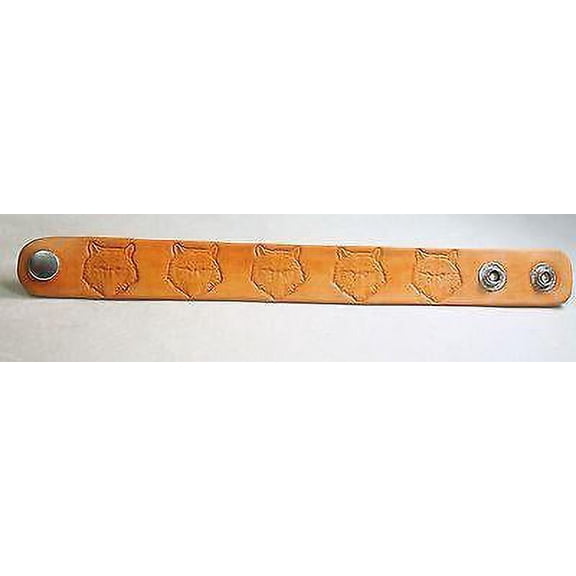 WOLF HEAD HAND STAMPED AND STAINED LEATHER BRACELET ADJUSTABLE