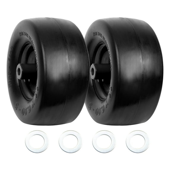 WOLF PACK 2 Pack 11x6.00-5 Flat Free PU Tire and Wheel, Smooth Tread Tire for Zero Turn Mowers, 5.875" Centered Hub and 3/4" Bushings Size, 400lbs Capacity, Universal Fit Adapter Kit included