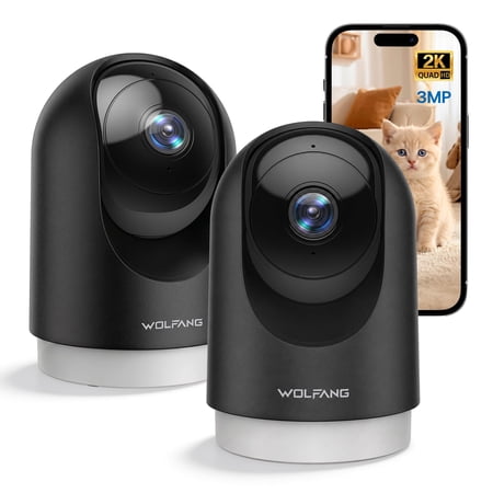 WOLFANG 2K Indoor Security Camera, Pan Tilt Pet Camera with Motion Tracking, Two-Way Audio, Night Vision, Alexa & Google Compatible, 2-pack