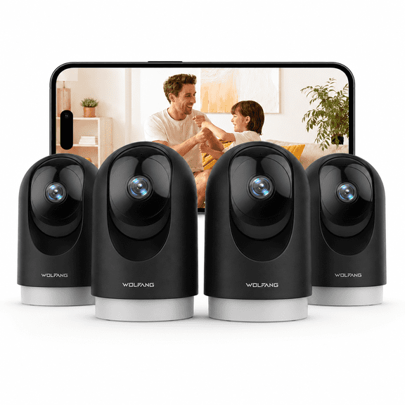 WOLFANG 2K Indoor Security Camera, Pan Tilt Pet Camera with Motion Tracking, Two-Way Audio, Night Vision, Alexa & Google Compatible, 4-pack