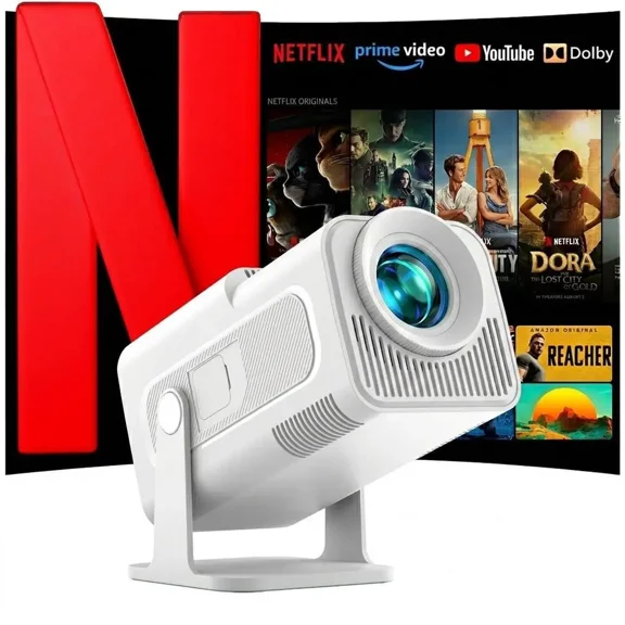 WOLFANG 4K Mini Projector, Built-in Apps/Official Netflix, 26000 Lumen WiFi 6 Portable Projector with 50% Zoom, 180 Rotatable Smart Home Projector Compatible with TV Stick/iOS/Android/PC/PS5/HDMI/AV