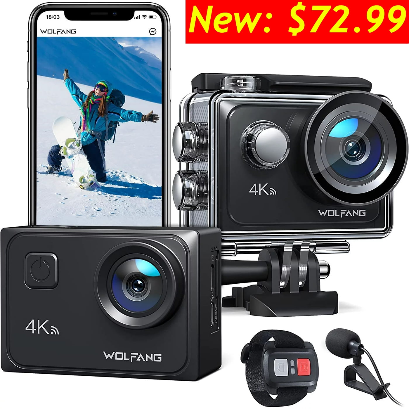 WOLFANG Sport Camera 4K Action Cam 60FPS 24MP 40M Underwater Camera Waterproof EIS Stabilization