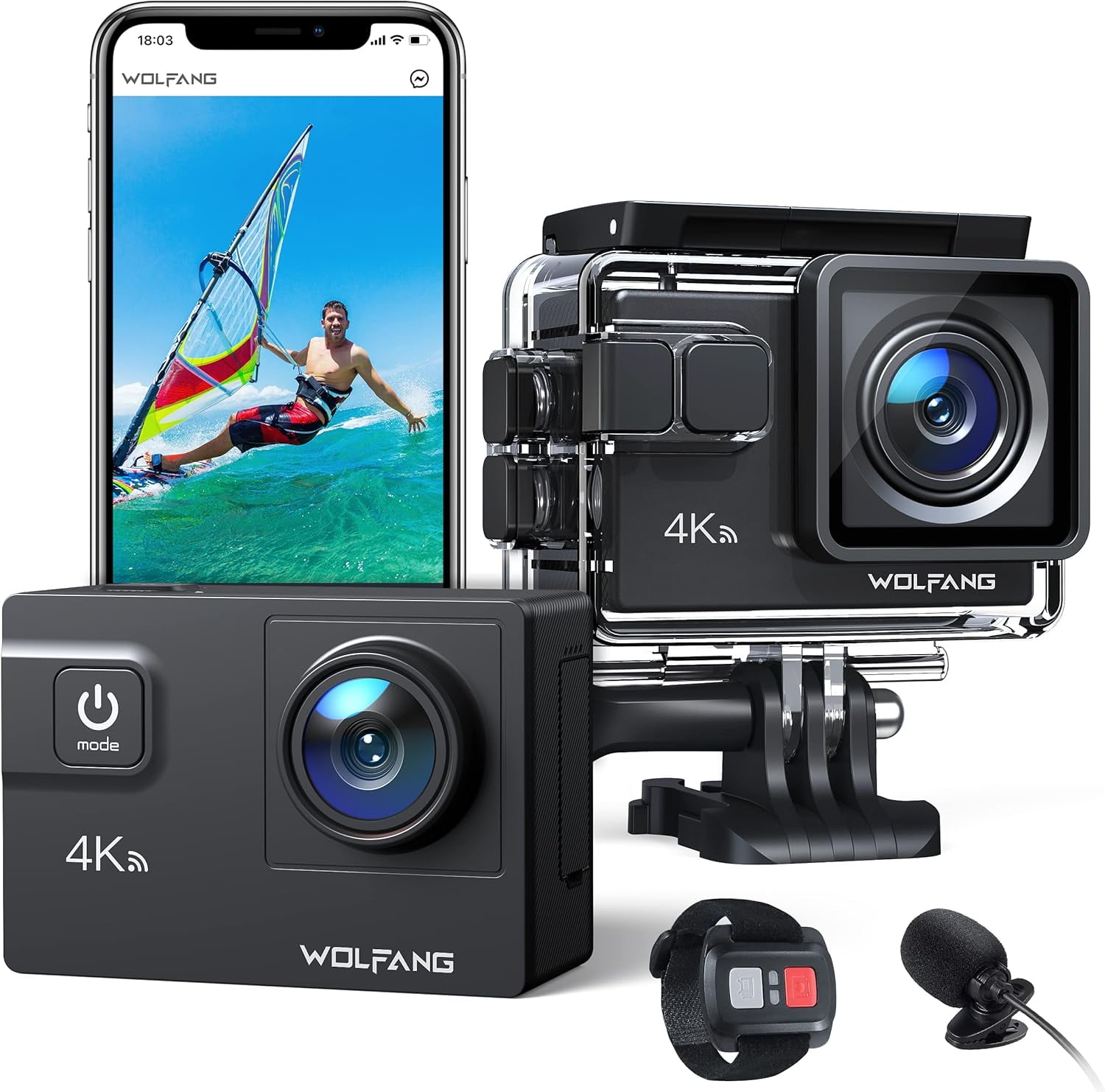 WOLFANG Sport Camera 4K Action Cam 60FPS 24MP 40M Underwater Cam Waterproof EIS Stabilization 170° Wide Angle Helmet Multiple Accessories New 4k