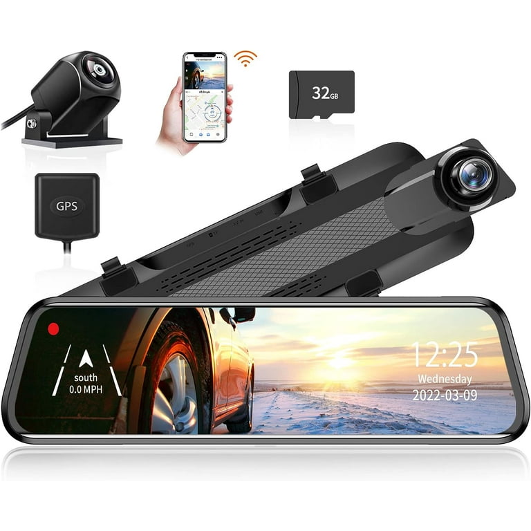 WOLFBOX 10 inch Rear View Mirror Dash Cam with Wifi, Mirror Dash Cam Front 2.5K and Rear 1440p, Free 32 GB Card & GPS, Black
