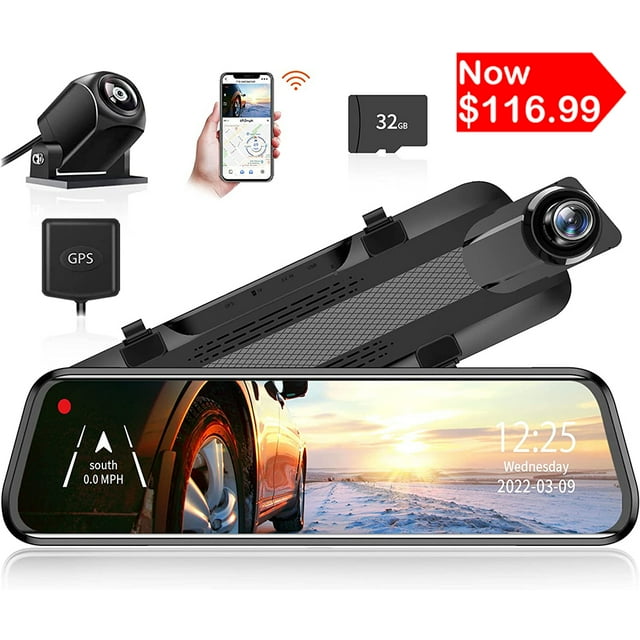 WOLFBOX 10" Rear View Mirror Dash Cam with WiFi, Mirror Dash Cam Front