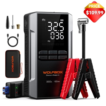 WolfBox 3000A Jump Starter with Air Compressor, 160PSI Digital Tire Inflator, 12V Battery Pack with Flashlight