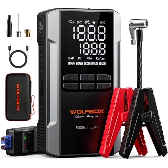 WolfBox 3000A Jump Starter with Air Compressor, 150PSI Digital Tire Inflator, 12V Battery Pack with Flashlight