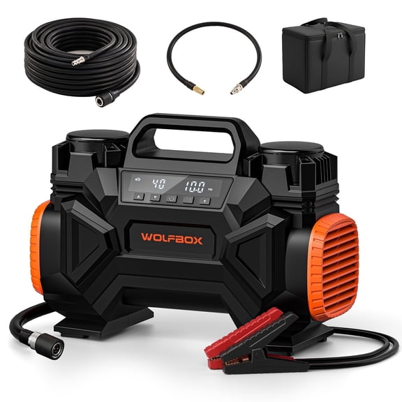 WOLFBOX 150 PSI Tire Inflator, Dual Cylinder Air Compressor for Jeep, Truck, SUV Tires, 1080W Motor Fast Inflation, Digital Display, Continuous High-Pressure Operation.