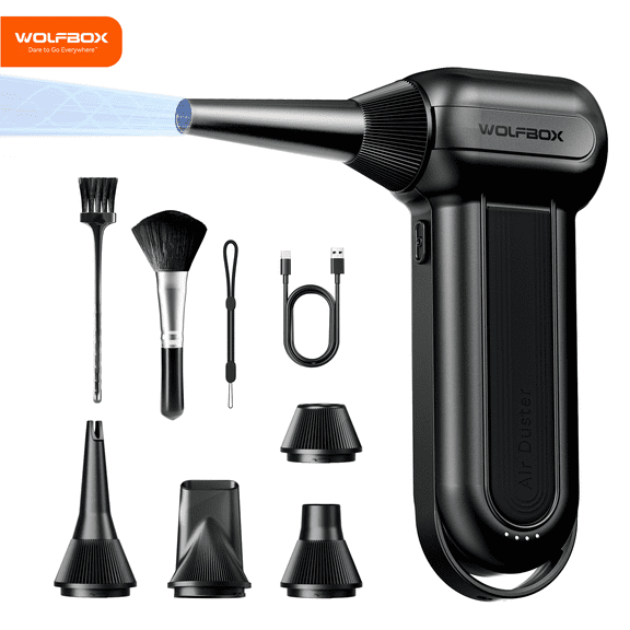 WOLFBOX DF100B 150000RPM Compressed Air Duster, Rechargeable Electric Air Blower with 3-Speed Adjustable, Cordless Powerful Mini Duster for Computer, Keyboard, Car, and Home Cleaning, Black
