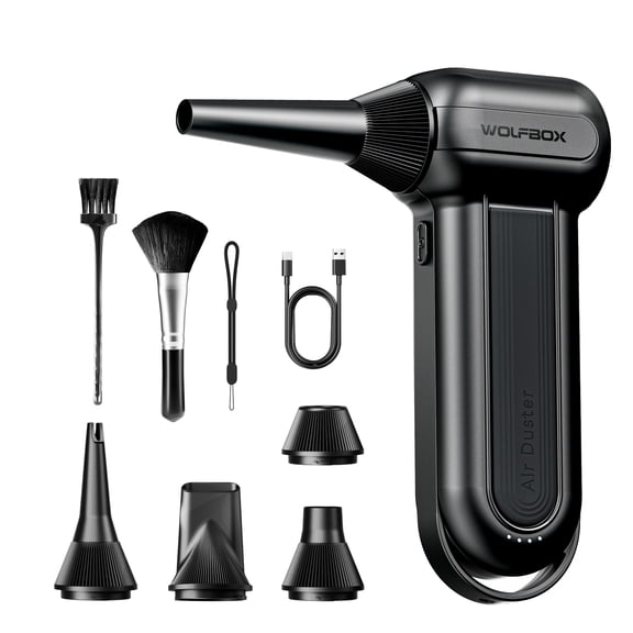 WOLFBOX DF100B 150000RPM Compressed Air Duster, Rechargeable Electric Air Blower with 3-Speed Adjustable, Cordless Powerful Mini Duster for Computer, Keyboard, Car, and Home Cleaning, Black