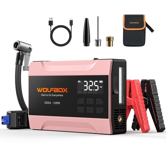 WOLFBOX 2000A Car Battery Jump Starter with Air Compressor, 12V 2000A Portable Battery Jump Box(5.0L Gas & 3.0L Diesel) with 150PSI Tire Inflator, Rose Gold