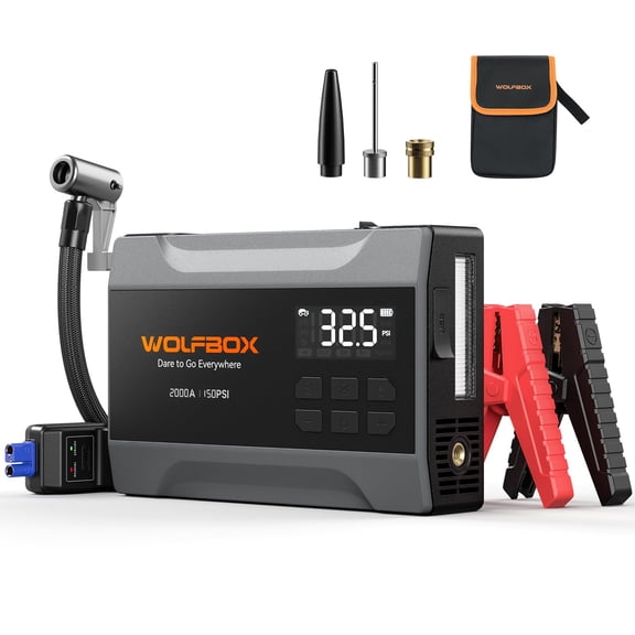 WOLFBOX 2000A Jump Starter with Air Compressor, 37Wh Car Battery Jumper Starter Portable (up to 5L Gas Engine) with 150PSI Tire Inflator, 12V Jump Box with Jumper Cables, Boost, LED Light