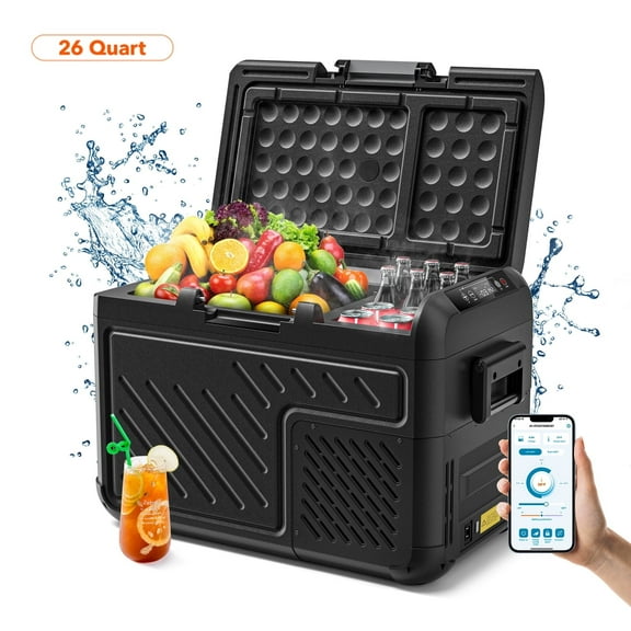 WOLFBOX 26 Quart Car Refrigerator, 12V Portable Car Fridge with APP Car Freezer, RV Car Refrigerator with 12/24V DC 110-240V AC,Electric Cooler for Car, Outdoor, Camping,Travel and Home Use