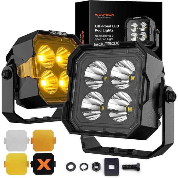 WOLFBOX 3 Inch LED Off Road Lights - 42W 4890LM True Power and Lumens, IP69K Top-Level Waterproof LED Pods with 4 Tactical Covers, 755ft Beam Fog Lights for Jeep Ford UTV ATV, 2PCS