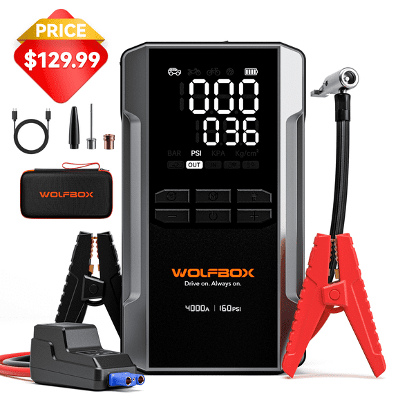 WOLFBOX 4000A Jump Starter with 160PSI Air Compressor, 65W Fast Charge, 24000mAh Battery Booster Portable Tire Inflator, for 10L Gas & Diesel Engines