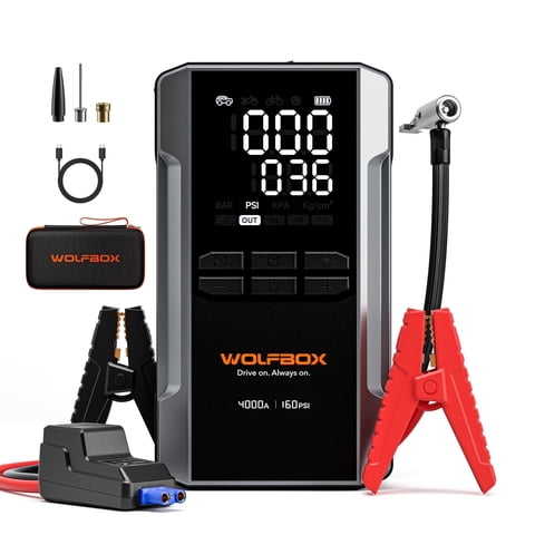 WOLFBOX 4000A Jump Starter with 160PSI Air Compressor, 65W Fast Charge, 24000mAh Battery Booster Portable Tire Inflator, for 10L Gas & Diesel Engines
