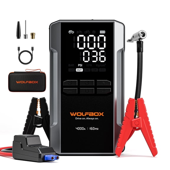 WOLFBOX 4000A Jump Starter with 160PSI Air Compressor, 65W Fast Charge, 24000mAh Battery Booster Portable Tire Inflator, for 10L Gas & Diesel Engines