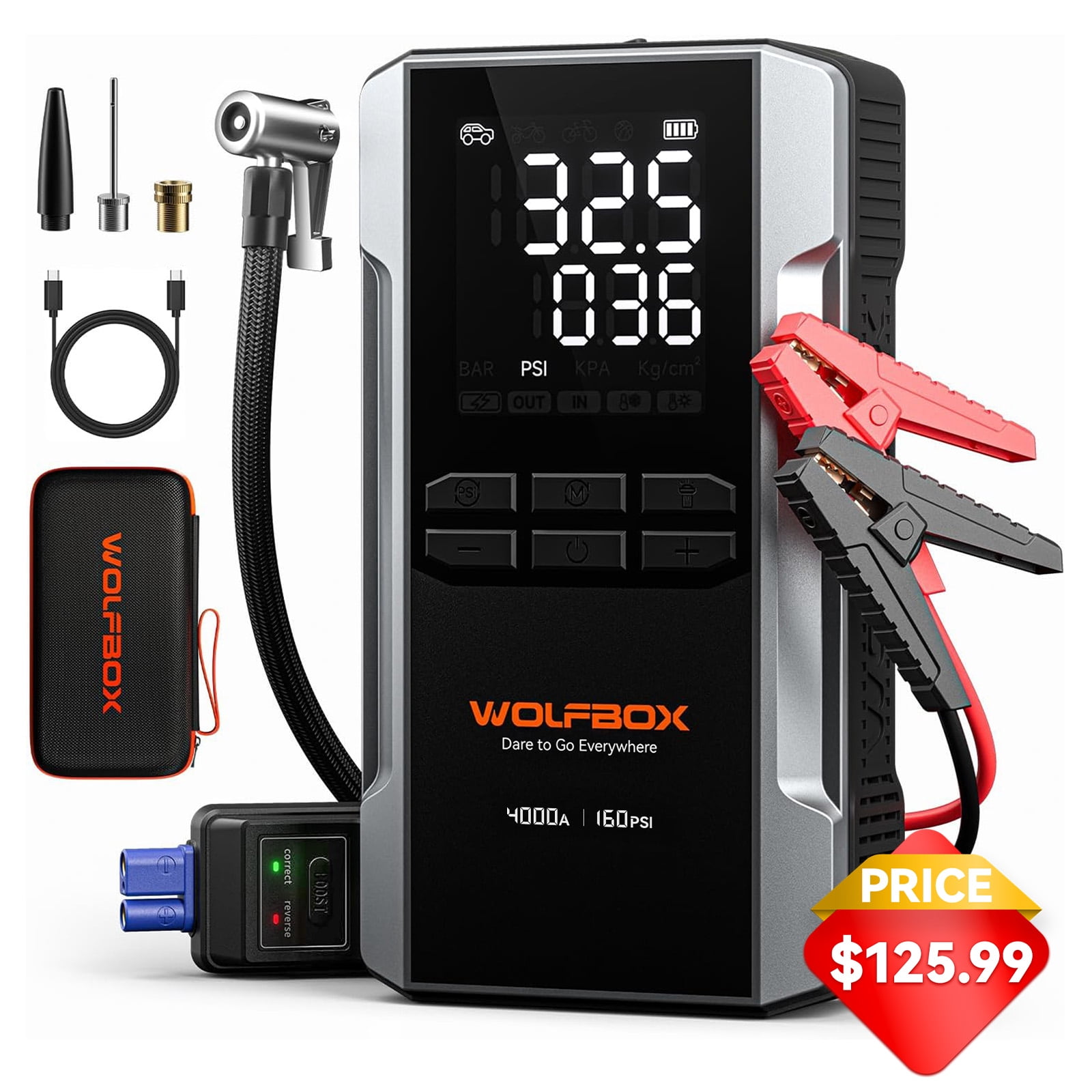 WOLFBOX 4000A Portable Jump Starter with 160PSI Air Compressor, 24000mAh Jump Pack Battery Booster & Tire Inflator for 10L Gas & Diesel Engines