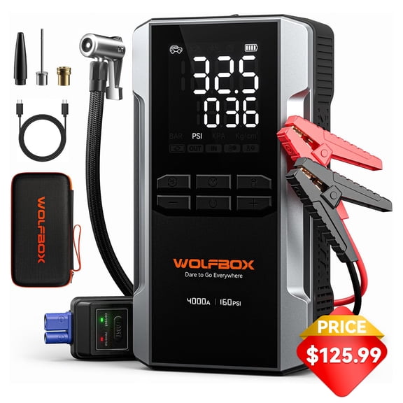 WOLFBOX 4000A Jump Starter with 160PSI Air Compressor, 65W Fast Charge, 24000mAh Battery Booster Portable Tire Inflator, for 10L Gas & Diesel Engines
