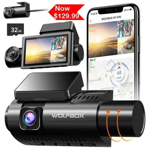 WOLFBOX 4K Dash Cam 3 Channel, WiFi&GPS, 3" LCD DashCam Front and Rear