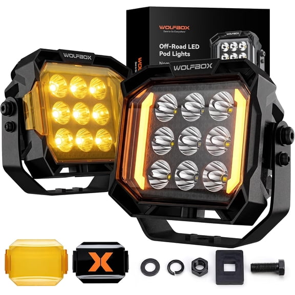 WOLFBOX 5 Inch LED Off Road Lights - 95W 9010LM True Power and Lumens, IP69K Waterproof LED Pods with Amber DRL Spot Flood Beam, 1417ft Beam Fog Lights for Jeep Ford UTV ATV