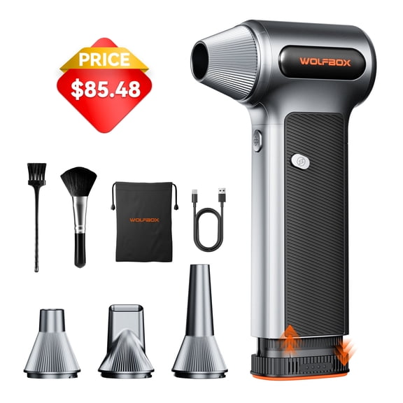 WOLFBOX Electric Air Duster with Removable Battery & Cordless 3-Speed Adjustable, 4 Nozzles Compressed Air Duster for Office, Home, Car