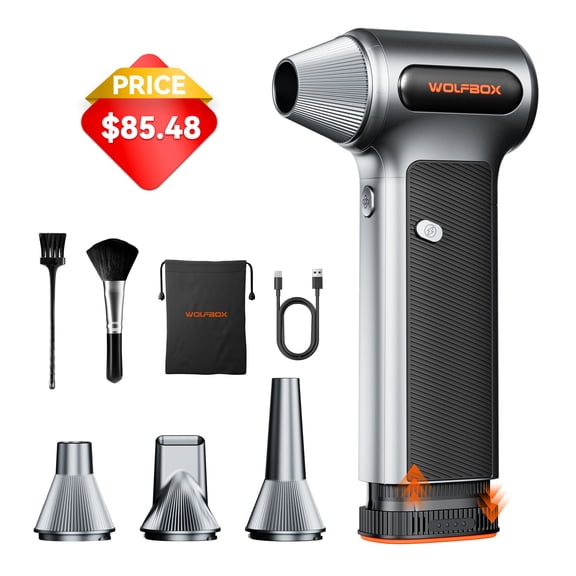 WOLFBOX Electric Air Duster with Removable Battery & Cordless 3-Speed Adjustable, 5 Nozzles Compressed Air Duster for Office, Home, Car