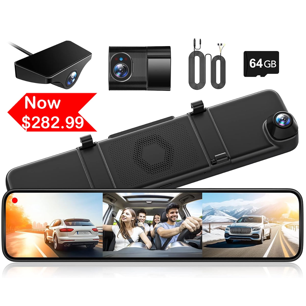WOLFBOX Car Dash Cam 3 Channel, 2K Triple Car Mirror Camera with GPS&64GB Card, Touch Screen Backup Camera with Motion Detection, Night Vision, Loop
