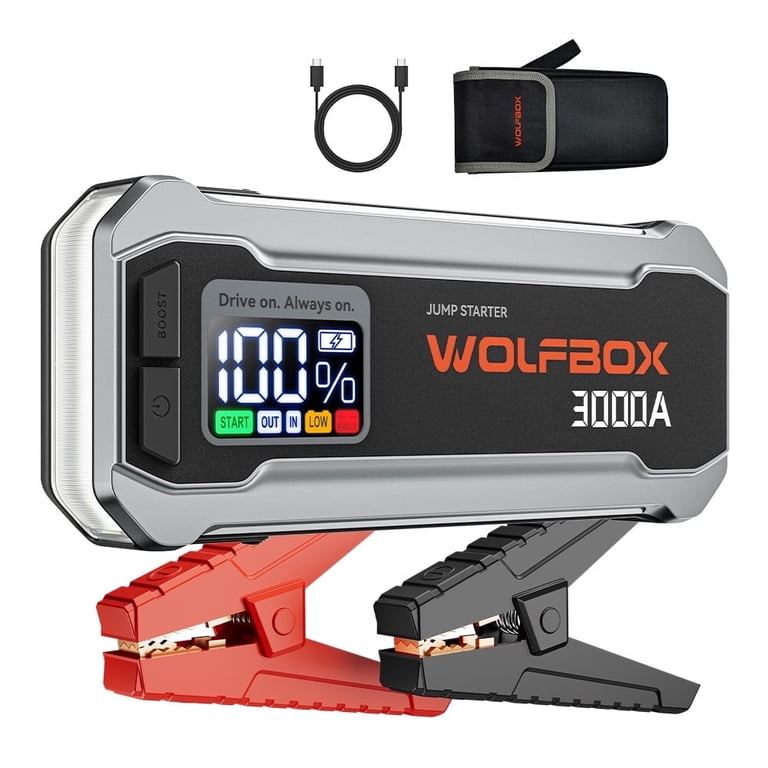 Wolfbox 3000a 12V Car Battery Jump Starter, 16000mAh with LED Light, USB Quick Charge, Emergency Booster