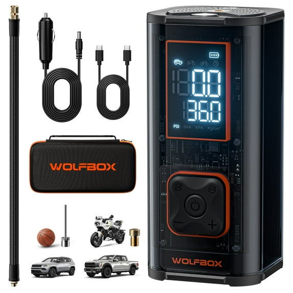 WOLFBOX  Cordless Portable Tire Inflator - 150 Psi Digital Pressure Gauge, 12000mAh Air Compressor for Car Tires, Emergency LED Light, Black, Air Compressor for Car,Pickup Truck,Bike,RV