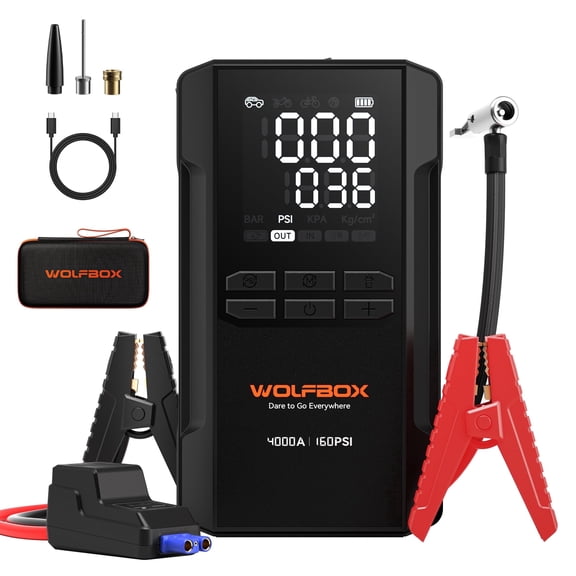 WOLFBOX JS24AIR 4000A Jump Starter with Air Compressor, 88.8Wh Portable Battery Booster (10L Gas/Diesel) with 65W Fast Charging Port, 12V Jump Box, 160PSI Tire Inflator, LED Light, Black