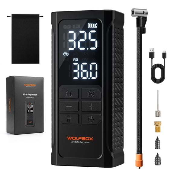WOLFBOX Portable Tire Inflator 150 PSI Cordless Air Compressor for Car Tires 5200mAh Battery Fast Inflation Digital Pressure Gauge Auto Shutoff