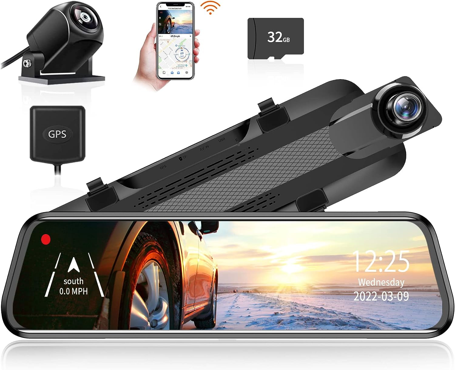 WOLFBOX Rear View Mirror Dash Cam, 10" Rear Mirror Camera Front and