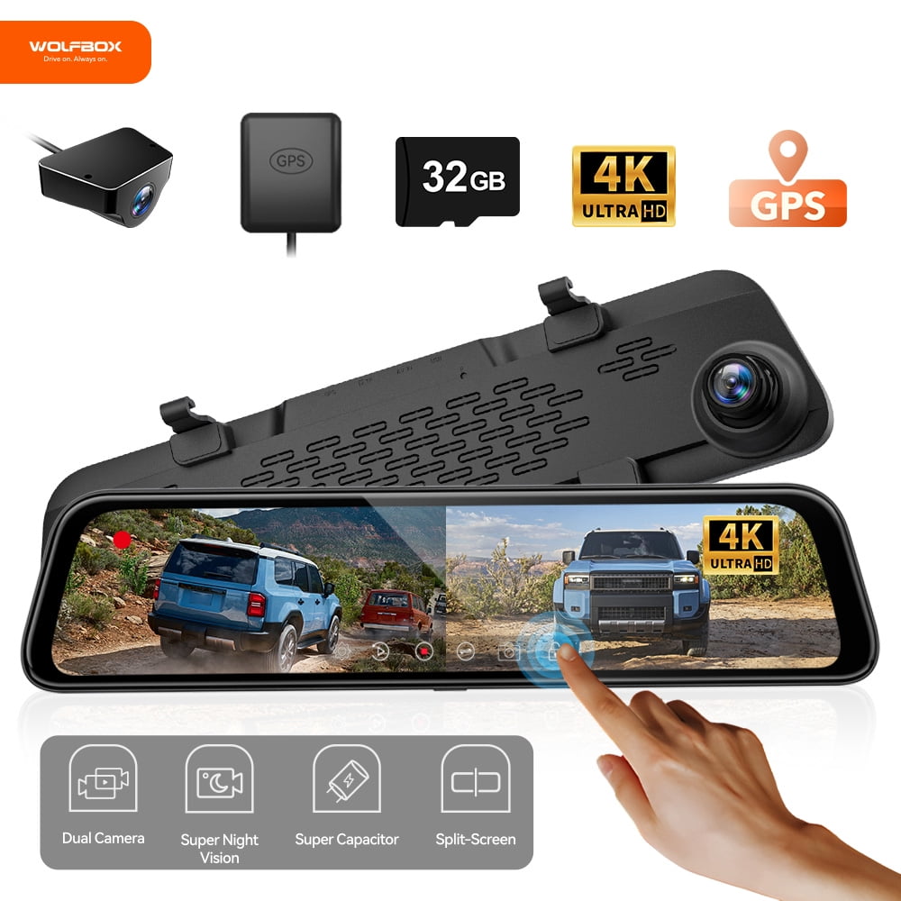 WOLFBOX Rear View Mirror Dash Camera, 12" 4K Mirror Dash Cam, Backup